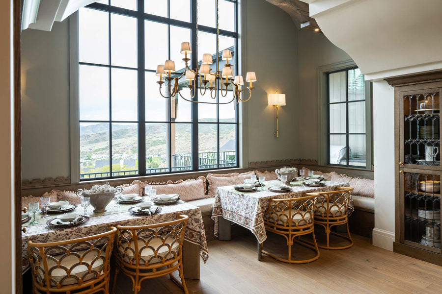 Extra long bench cushions provide comfortable seating for a built in dining banquette.