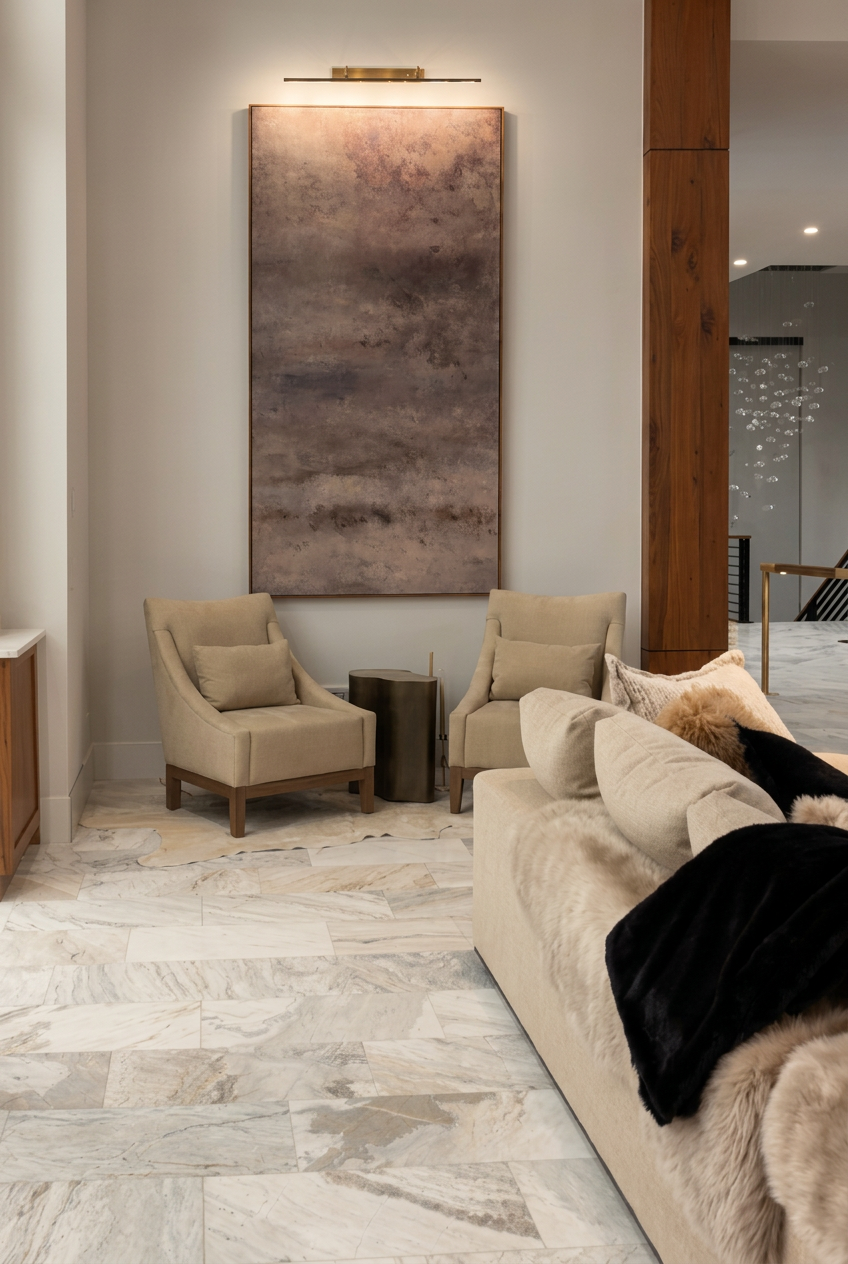A large vertical abstract wall art piece in earthy brown, bronze, and gray tones hangs above two beige armchairs in a modern living room with a marble floor and a cream sofa.