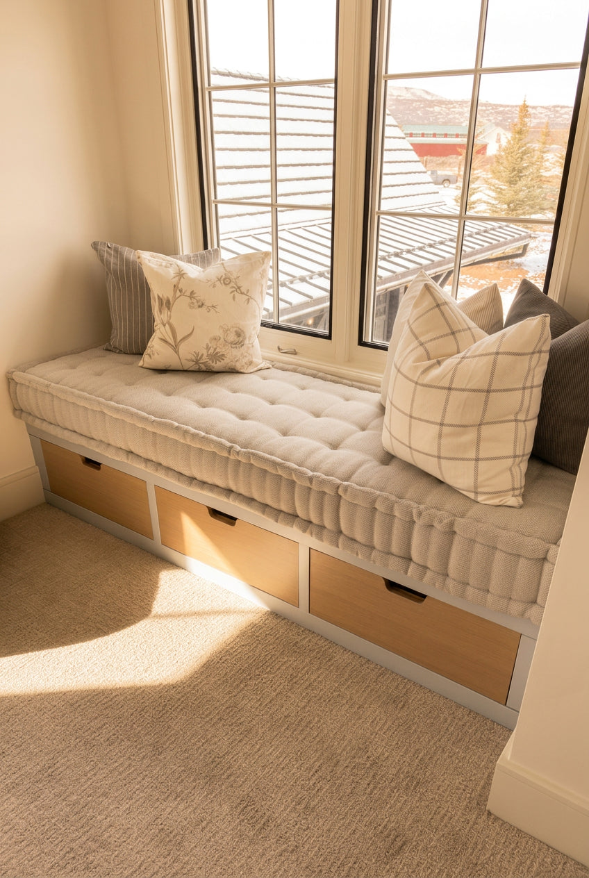 French cushion with a unique, intricate design to elevate a window seat.