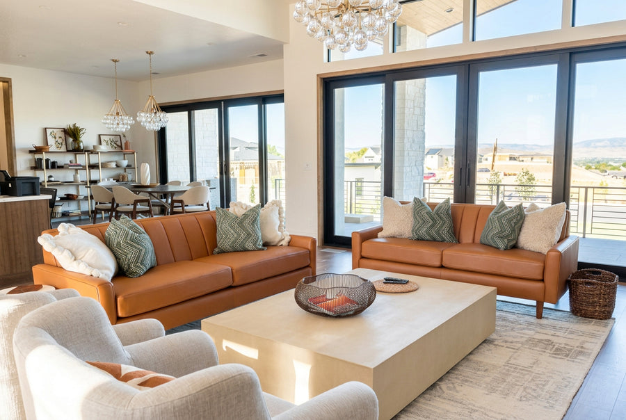 A modern living room featuring two brown leather sofas, a beige concrete coffee table, a patterned area rug, and gray armchairs, with large windows looking out onto a balcony.