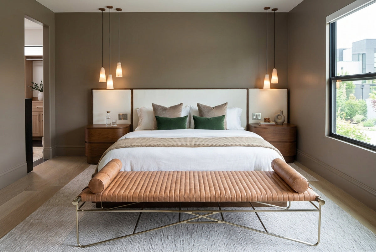 A modern low-profile platform bed with a large white upholstered headboard, light beige mattress panels, matching side tables, pendant lights, and a tan leather bench with metal legs in a styled bedroom.