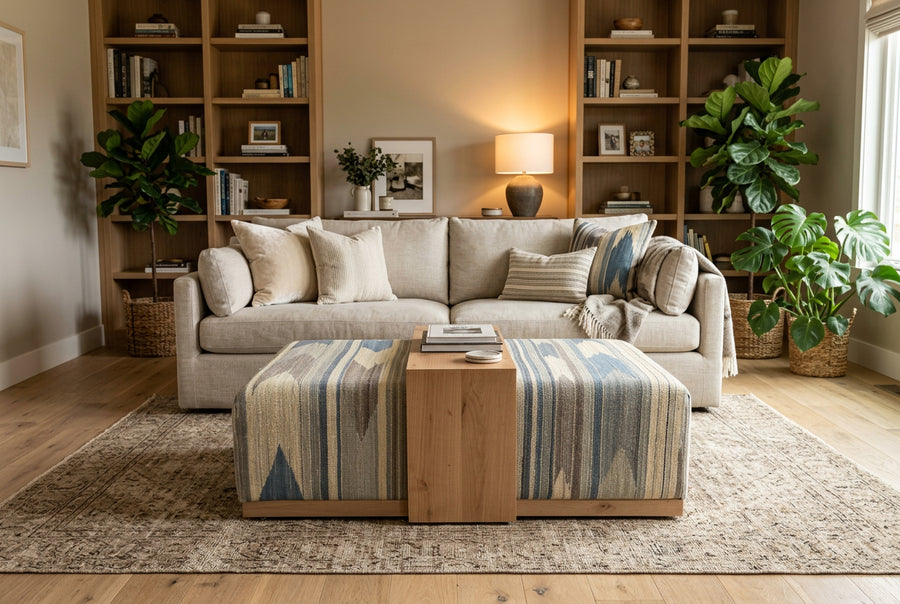 A styled living room scene featuring a light beige sofa with striped throw pillows, a matching striped ottoman in front, a wooden coffee table, a patterned area rug, and built-in wooden bookshelves with plants in the background.