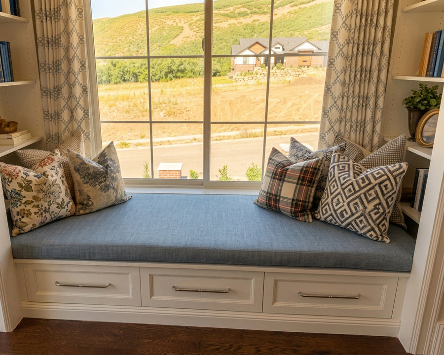 Clean, knife edge box cushion that custom fits inside reading nook. 