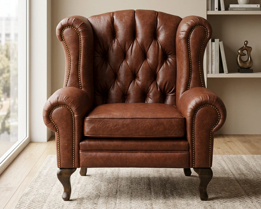 A classic brown leather wingback armchair with button tufting and nailhead trim, positioned on a textured rug in a modern, sunlit room with a bookshelf in the background.